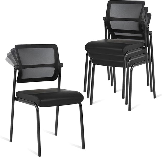 CLATINA Stacking Waiting Room Chairs, Adjustable Mesh Backrest Armless Office Guest Reception Chair with Leather Cushion and Ergonomic Lumbar Support for Conference Lobby Side School Classroom, 4PK