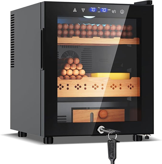 Tylza Electric Cigar Humidor Cabinet 50L, Electric Humidors for Cigars with Temp & Humidity Control, Digital Hygrometer, Lock, Refrigerator, Cigar Humidors with Cedar Wood Drawer Shelves, 370 Cigars