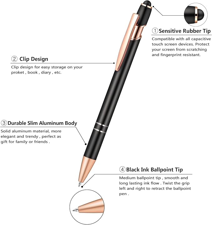 Aozora 9 Pack Ballpoint Pens Smooth Writing 2-in-1 Stylus Retractable Ballpoint Pen with Stylus tip, Office Decor Metal Stylu Pen for Touch Screens, 1.0 mm Black Ink (Black)