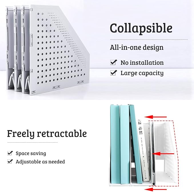 SAYEEC 1Pcs Collapsible Plastic Magazine File Holder Vertical Binder Storage Organizer for Desk Sturdy Upright Desktop Magazine Organizer Folder Rack for Office School Home (3 Compartments, Gray)