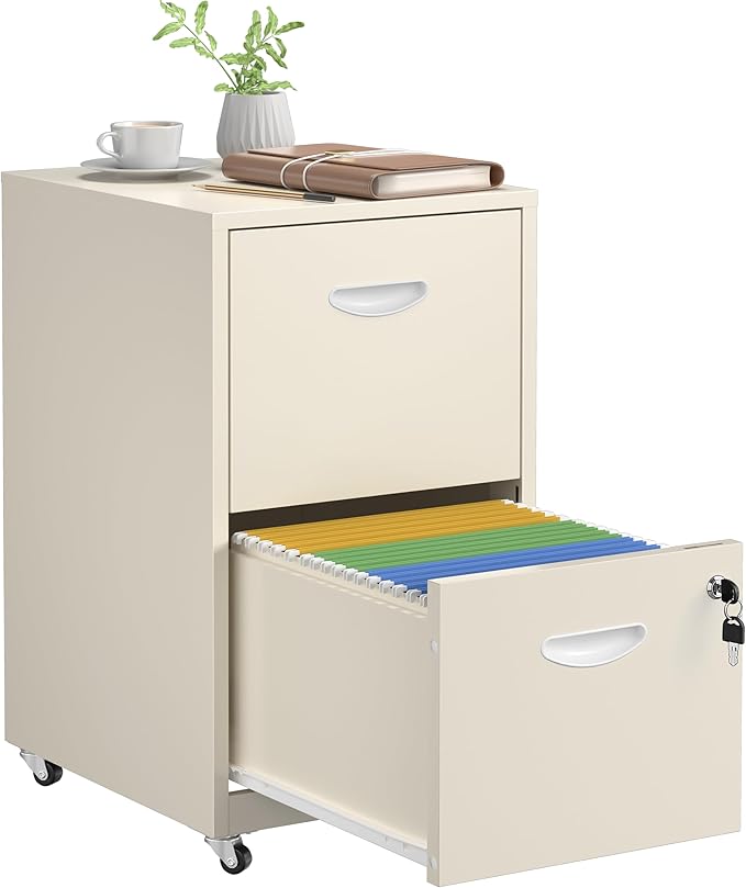 2 Drawer File Cabinet with Lock,Cream Rolling File Cabinet for Home Office, Metal Small Mobile Filing Cabinets on Wheels for Hanging Letter