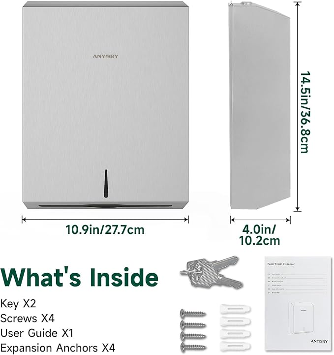 Commercial Paper Towel Dispenser Wall Mount 400-Sheet Capacity Brushed Stainless Steel Lockable Fits Multifold/Z-Fold Towels (Folded Size ≤ 10.6" x 3.9")