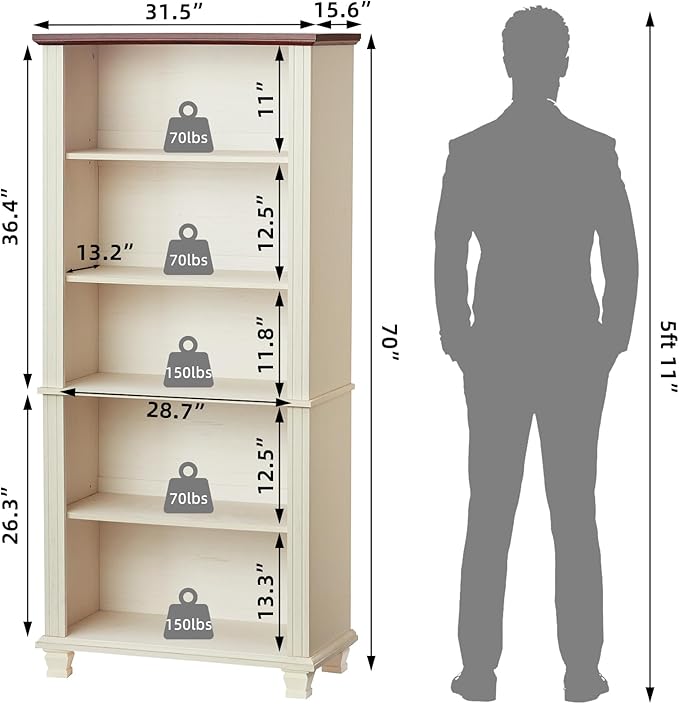 70" Tall White Bookshelf,5 Tier Wood Book Shelf with Adjustable Shelves & Wood Legs,Free Standing Farmhouse Bookcase with Open Display Storage,Vintage Kids Bookshelves for Nursery,2PCS