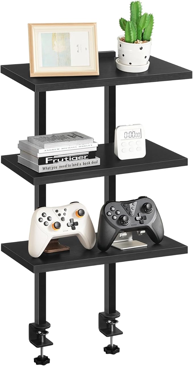 Clamp On Desk Organizer, 3-Tier Desktop Bookshelf, Adjustable Desk Storage Shelf, Metal Frame, for Office, Study and Game Room, Black DSBK3601