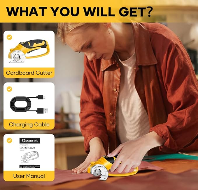 Cordless Electric Scissors, 4V Cardboard Cutter, Box Cutter Fabric Scissor with Safety Lock & LED Light, Rechargeable Power Rotary Cutters for Box Carpet Fabric Plastic Leather