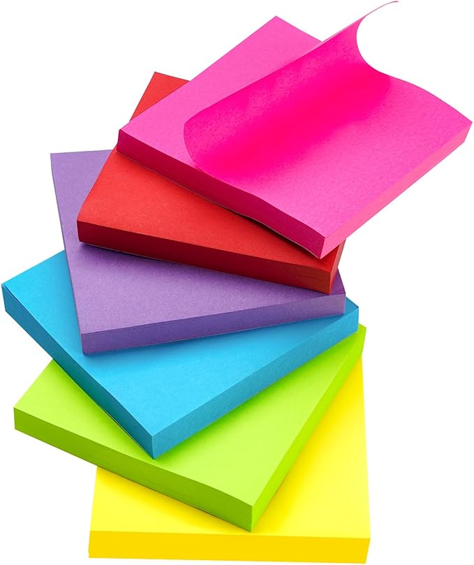 (6 Pack) Sticky Notes Pads,600 Super Adhesive Sticky Notes,3 x 3 Self Sticky Pads,600 Sheets Bulk Notepads,6 Colors Notes Post,Bright Colors Sticky Notepads Easy to Post for Office,Home,School