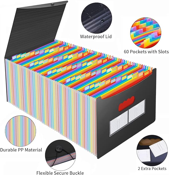 AFMAT Accordian File Organizer, 60 Pockets Large Expanding File Folder Organizer with Blank Labels, Letter/A4 Size Accordion Files Organizers Expandable for Receipt, Bill, Tax, Legal, Paper Filing