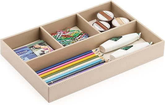 KINGFOM 4-Slot Leather Drawer Tray Desk Stationery Sundries Organizer Storage Box Pen Pencil Holder Case Container (Dark Beige)