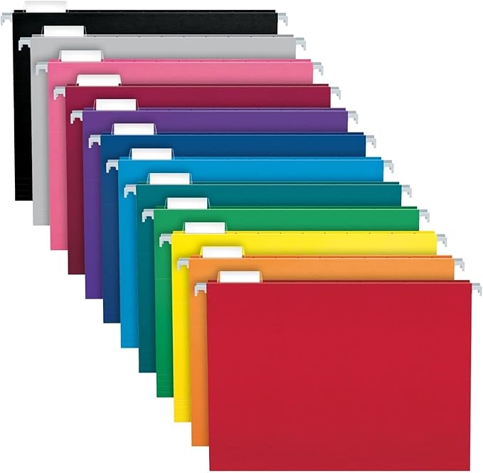 Pendaflex Colored Hanging File Folders Letter Size with 1/5 Cut Adjustable Tabs, 8.5 X 11-100 Pack of 12 Assorted Colors