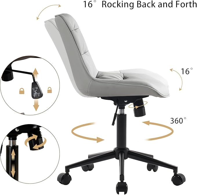 Kidol & Shellder Faux Leather Office Chair, Adjustable Swivel Height Task Chair, Rolling Wheels & Soft Backrest - Armless Ergonomic Desk Chair for Home, Office,Vanity,Gaming(Gray)