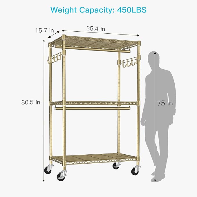 P1 Rolling Clothes Rack, Movable Metal Garment Closet Organizer with Lockable Wheels, Clothing Wardrobe with Double Hanger Rods and Hooks, 35.4" W x 15.7" D x 80.5" H, Load 450lbs, Gold