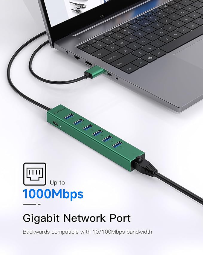 7 Ports USB 3.0 Hub, USB to Network HUB with 3.9ft Long Cable for Laptop, USB Splitter with Gigabit Ethernet Port and 5V/3A Power Port, MultiPort Aluminum Hub for iMac, PC, Flash Drives (Green)