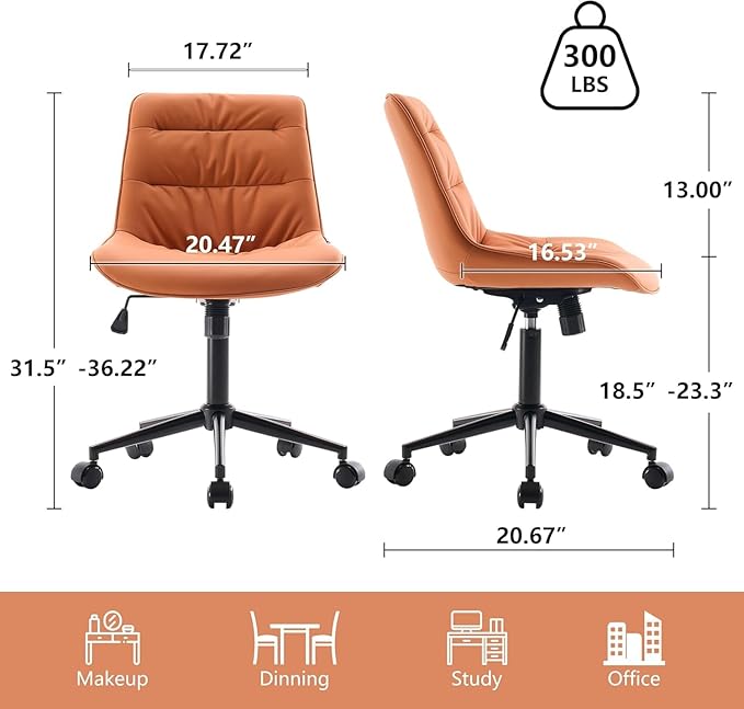 Kidol & Shellder Faux Leather Office Chair, Adjustable Swivel Height Task Chair, Rolling Wheels & Soft Backrest - Armless Ergonomic Desk Chair for Home, Office,Vanity,Gaming(Orange)