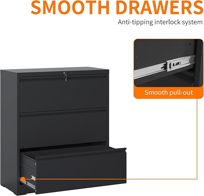 Locking Filing Cabinet with 3 Drawer Heavy Duty Large Metal File Cabinet Home Office Black Lateral File Cabinets Wide Steel Cabinet for Legal/Letter Size File,Assembly Required