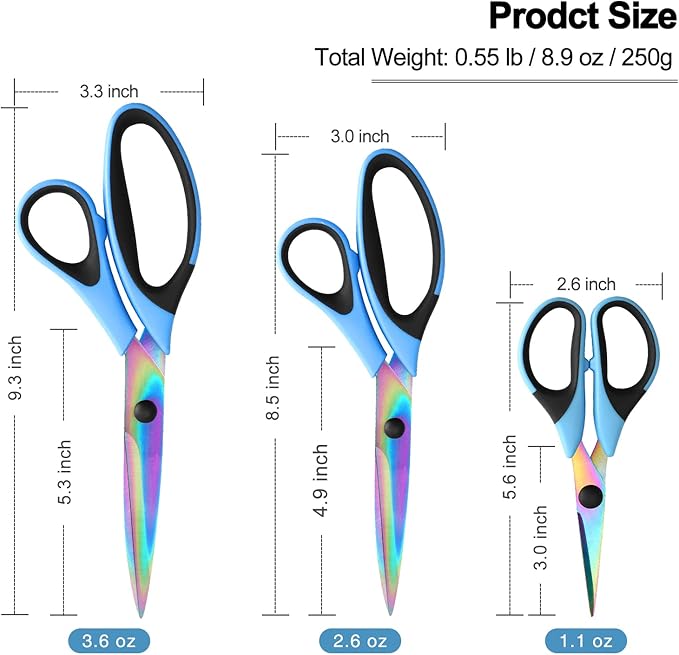 Craft Scissors Set of 3 Pack, All Purpose Sharp Titanium Blades Shears, Rubber Comfort Grip Handle, Multipurpose Fabric Scissors Tool Set Great for Office, Sewing, Arts, School and Home Supplies, Blue