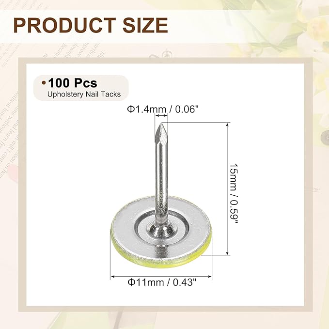 uxcell 100Pcs Upholstery Tacks, 11mmx15mm Flat Head Thumb Tack Decorative Furniture Nails Push Pins for Furniture Sofa Headboards, Light Yellow