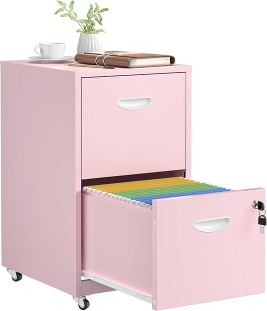 2 Drawer File Cabinet with Lock,Pink Rolling File Cabinet for Home Office, Metal Small Mobile Filing Cabinets on Wheels for Hanging Letter