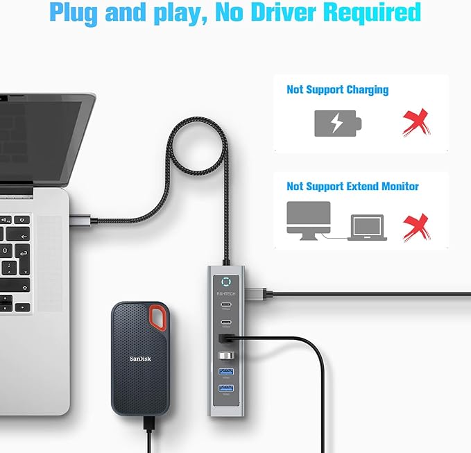 RSHTECH 7-Port USB C Hub Splitter 10Gbps with 3 USB-3.2 (2C + 1A), 4 USB-3.0 Ports and 2ft Long Cable, Aluminum USB-C Hub Multiport Adapters for Laptop and More, RSH-T17C