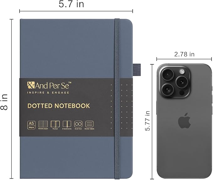 &And Per Se Dotted Journal Notebook, A5 Hardcover Bullet Dotted Journal, 160 Pages 100 gsm Thick Dotted Paper, 3 Sheets of Stickers Included - 5.7'' x 8''(Dark Blue)