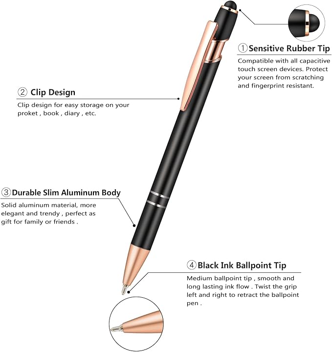 Aozora 18 Pack Ballpoint Pens Smooth Writing 2-in-1 Stylus Retractable Ballpoint Pen with Stylus tip Office Decor Metal Stylus Pen for Touch Screens 1.0mm Black Ink (9 Pens with 9 Refills)