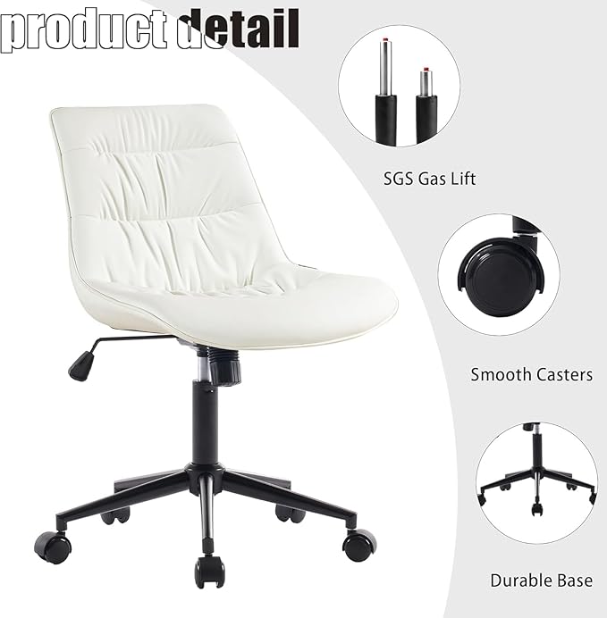 Kidol & Shellder Faux Leather Office Chair, Adjustable Swivel Height Task Chair, Rolling Wheels & Soft Backrest - Armless Ergonomic Desk Chair for Home, Office,Vanity,Gaming(White)