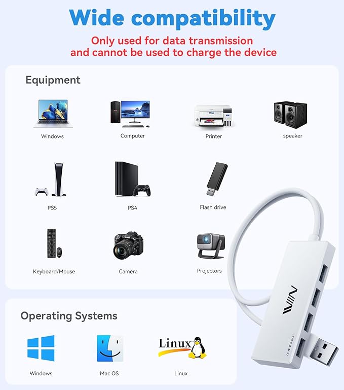 USB 3.0 Hub,4 Port USB Splitter Extender Portable Adapter Multiport Data Hub for Laptop,Xbox, Flash Drive,HDD,Console,Camera,Keyborad,Mouse Windows,Mac OS PC,Not Designed to Charge Devices-White