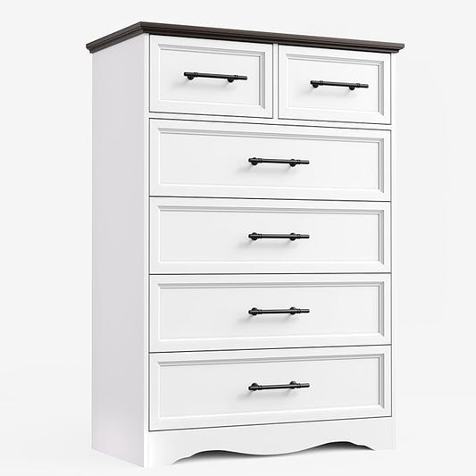 White Farmhouse Dresser for Bedroom, Modern 6 Chest of Drawers, 44" Tall Chest of Drawers w/Brushed Metal Handle, Wood Closet Organizers and Storage Cabinet for Bedroom, Living Room, Hallway