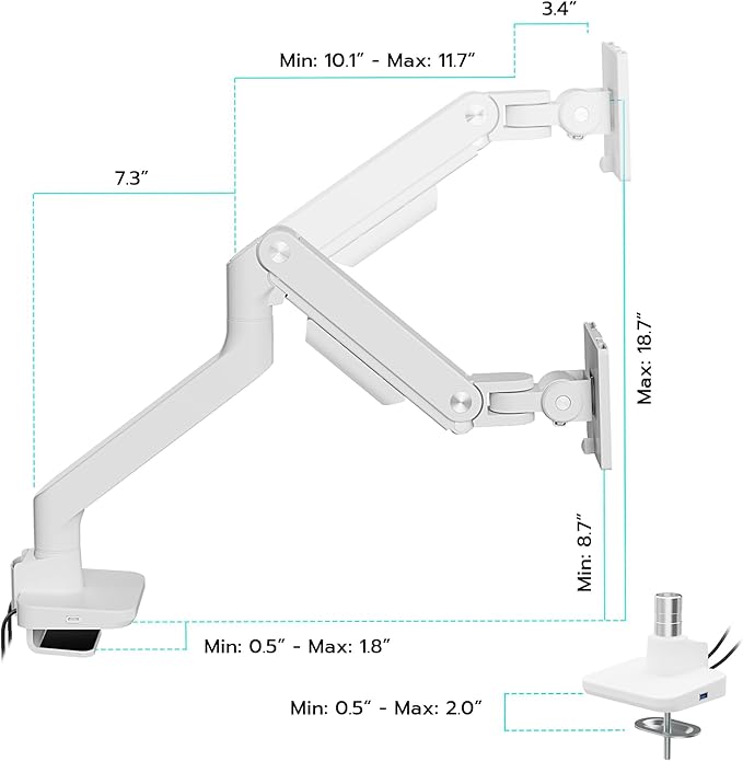 ARES WING Single Monitor Mount with USB A/C, Heavy Duty Monitor Arm for 17 to 49 inch Ultrawide Screen, Holds 44 lbs, Adjustable Gas Spring Arm Desk Mount with Clamp and Grommet Base, White