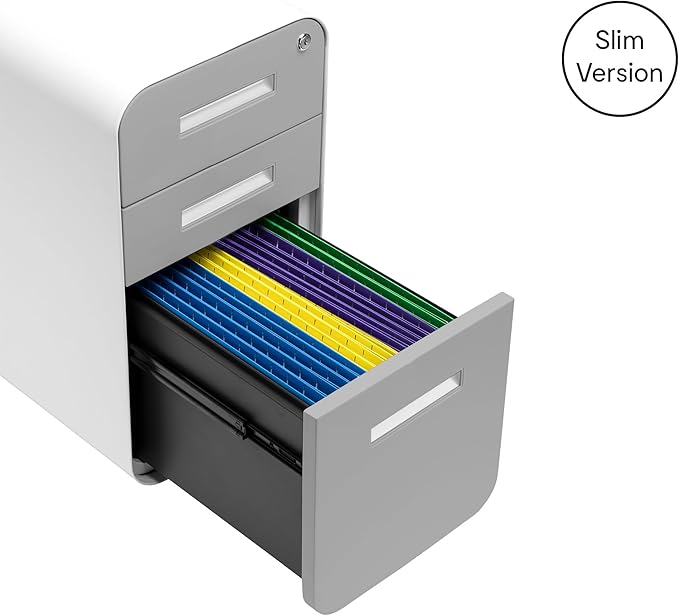 Laura Davidson Furniture Stockpile Slim 3-Drawer Mobile File Cabinet with Lock - Under Desk Metal Filing Cabinet, Legal/Letter File Folders, Wheels & Stationary Feet, Assembled, Light Grey Faceplate