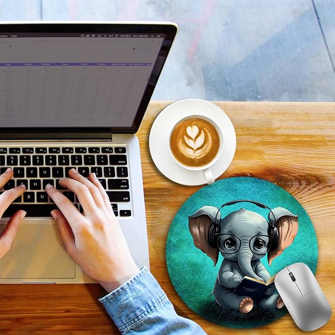 Small Mouse Pad, Elepant Round Mouse Pads for Desk, Travel Mini Mousepad with Non-Slip Rubber Base, Portable Mousepads for Wireless Computer Mouse Laptop, Office Desk Accessories, 8.6 * 8.6 Inch