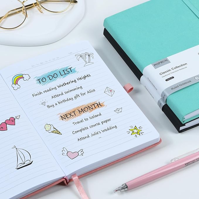 POPRUN A5 Lined Journal Notebooks, Leather Hardcover Thick Notebook for Writing, Business Work, Travel, School, College, Christmas, 5.5 x 8.3 inch, 240 Pages Classic Ruled Journals Notepad, Green