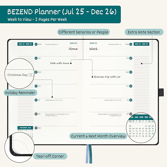 BEZEND Weekly Planner 2025-2026 with 2 Columns, 5.8" x 8.5" Academic Calendar 18 Months (Jul 25-Dec 26) Life Work Appointment Book with Monthly Tab, PU Leather Hardcover - Prussian Blue