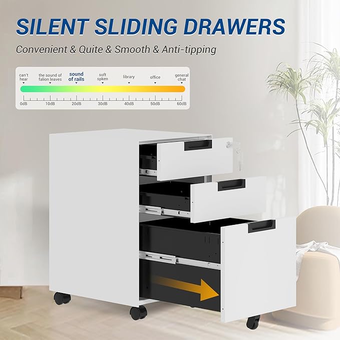 3 Drawer Vertical File Cabinets, Mobile Filling Cabinet with Lock for Legal/Letter Size, Pre-Built Office Storage File Cabinet with Wheels Under Desk - Fully Assembled