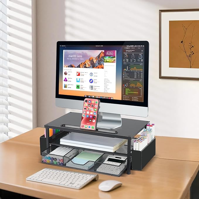 AUPSEN Wood Computer Monitor Stand Riser, 2-Tier Black Desk Organizer with Drawer, Pen Storage & Phone Holder ,Office Desk Accessories Desktop Organizer for Office Supplies