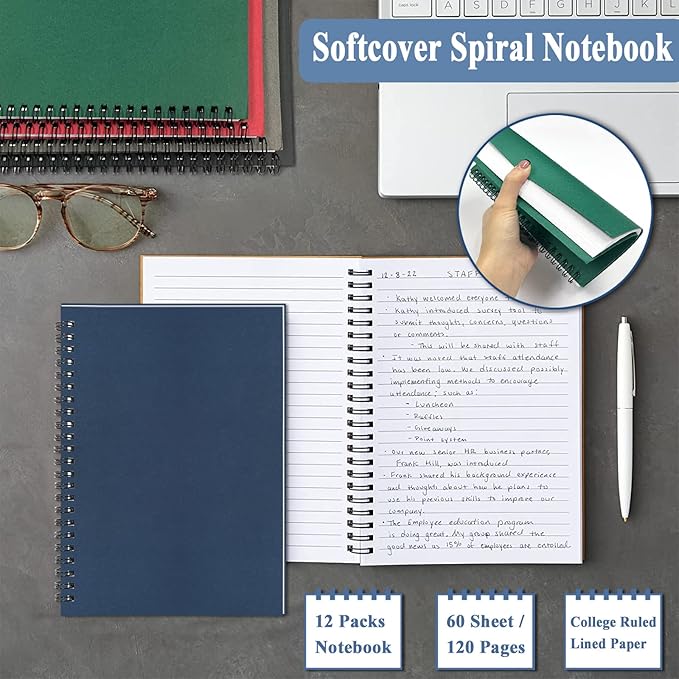 GINMLYDA Small Spiral Notebook 12Pack, 120 Lined Pages 8.25x5.50 Inches Spiral Journal Kraft Cover Notebooks & Writing Pads for School Home Office Aesthetic Sketch Drawing Note