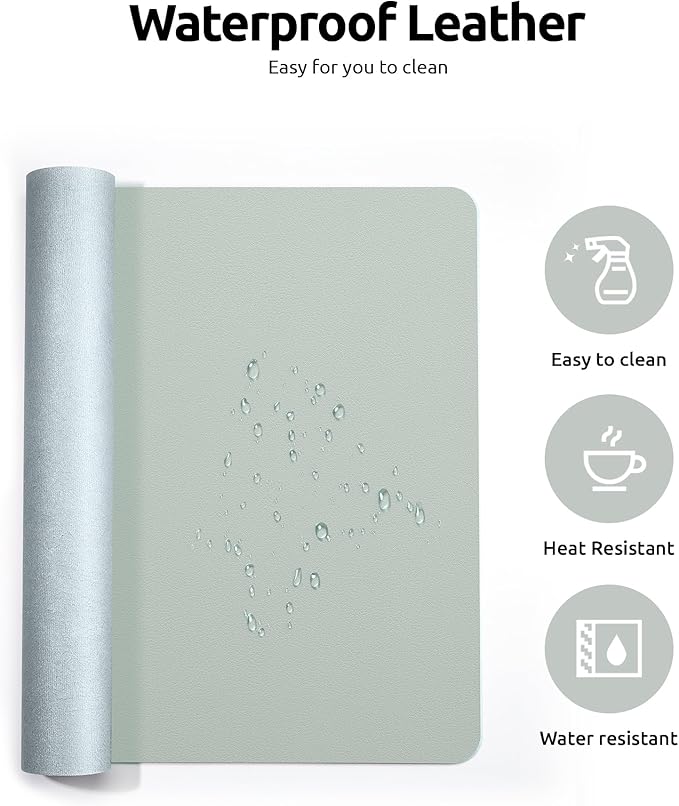 YSAGi Leather Desk Protector, Office Mat, Large Mouse Mat, Non-Slip PU Leather Blotter, Laptop Pad, Waterproof Writing Pad for Office and Home (Grayish Green, 35.4" x 17")