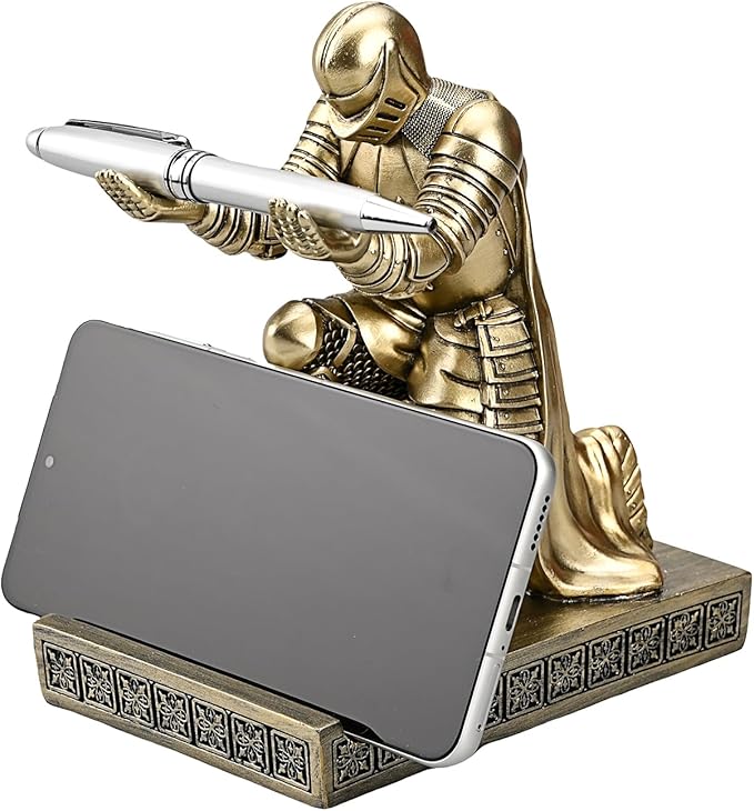 Windbreaker Soldier Knight Pen Holder Personalized Desk Accessory, Mobile Phone & Gaming Controller Holder, Device Stand Gift for Medieval Enthusiasts (Bronze)