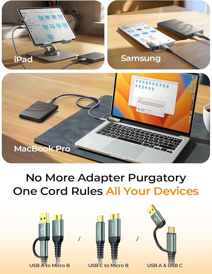 AINOPE Hard Drive Cable, Sturdy Nylon Braided External Hard Drive Cable 10Gbps Micro B to USB A/C Compatible with Seagate WD Toshiba Westgate, MacBook Air M2 Pro, Camera, 3.3FT/1m