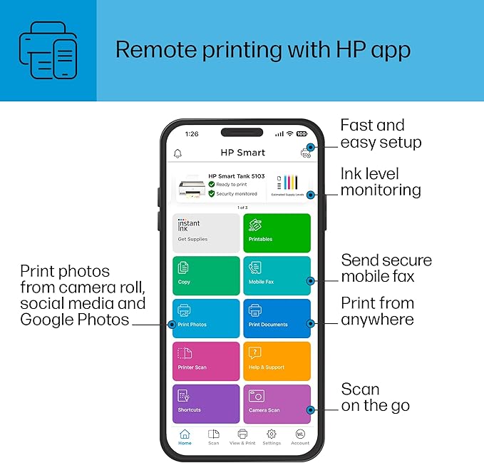 HP Smart Tank 5103 Wireless All-in-One Refillable Ink Tank Printer, Scanner, Copier with 2 Years of Ink and 100 Sheets of Photo Paper Included, Best for Home (5D1B2A)