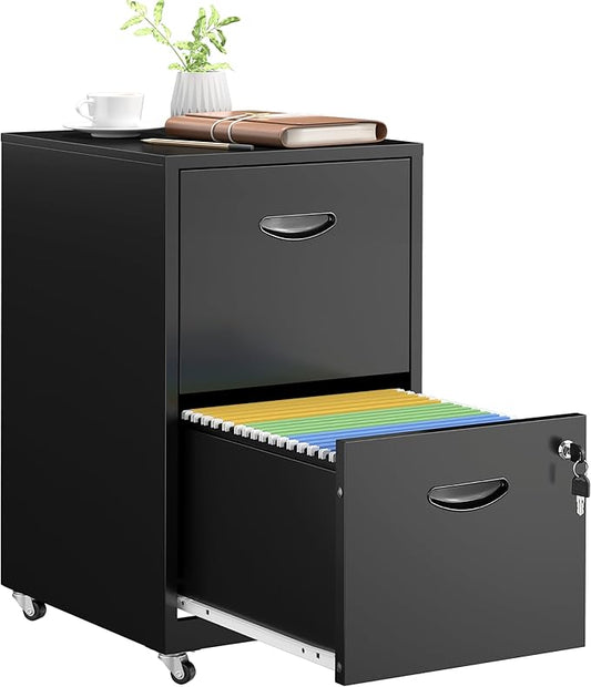 2 Drawer File Cabinet with Lock,Black Rolling File Cabinet for Home Office, Metal Small Mobile Filing Cabinets on Wheels for Hanging Letter