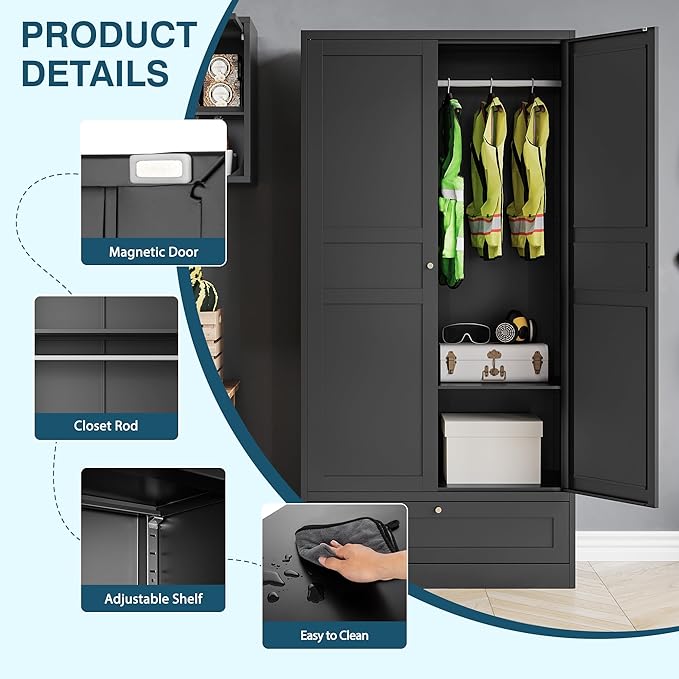 MIIIKO Wardrobe Closet with Drawer, 2 Doors Clothes Cabinet, 72" Metal Storage Cabinets with Hanging Rod and Shelf, Bedroom Armoires Laundry Room and Office Clothes Storage Organizer Cabinets