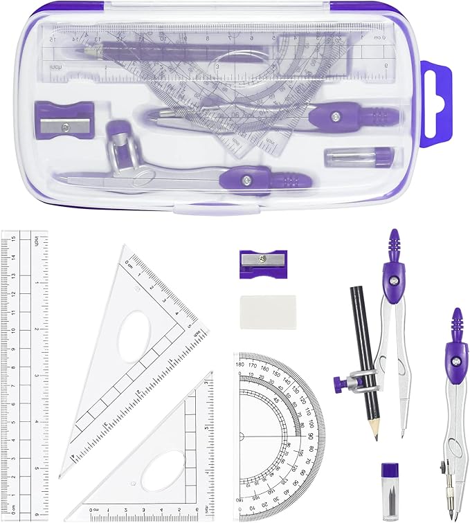 Math Geometry Kit Sets 10 Piece Student Supplies with Shatterproof Storage Box,Includes Rulers,Protractor,Compass,Eraser,Pencil Sharpener,Lead Refills,Pencil,for Drafting(Purple)