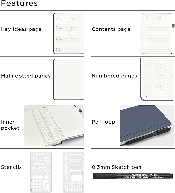 &And Per Se Bullet Dotted Journal Notebook, A5 Leather Hardcover, 176 Numbered Pages 100GSM Thick Dotted Paper, 2 Sheets of Stencils Included - 5.7'' x 8'' (Dark Blue)