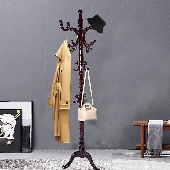 Coat Racks FreeStanding with 14 Hooks, Natural Wood Coat Rack with Solid Round Base, Adjustable Height Coat Racks, Easy Assembly for Hallway, Bedroom and Office (Reddish brown-Tri-Legged Base)