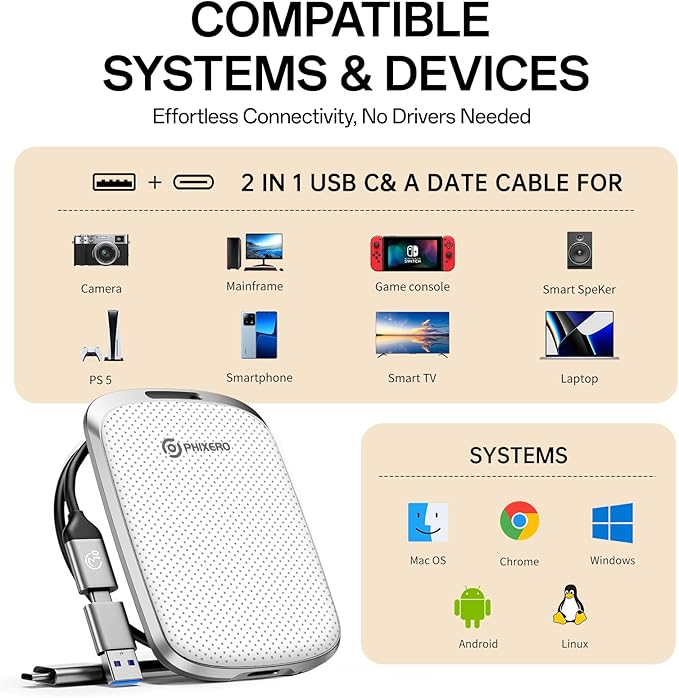 PHIXERO P5PLUS Portable SSD 512GB Up to 550MB/s, USB 3.2 Gen 2 External Solid State Drive,USB C to C&A for Smartphone,Tablet,PC,Labtop (White)