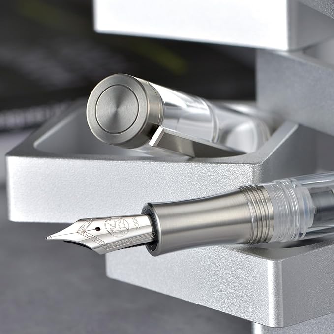Asvine V200 Titanium Fountain Pen Vacuum Filling, Bock Broad Nib Clear Transparent Acrylic Smooth Writing Pen Case Set