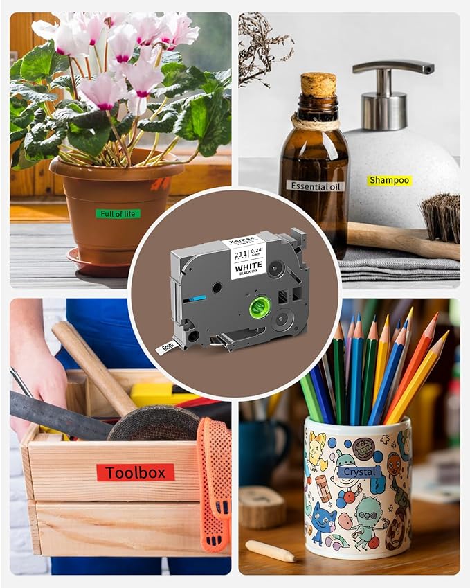 6-Pack 6mm 0.23" Multi-Color Label Tape Compatible for Brother P Touch Label Refills 1/4" Tze Tz Tape Laminated Work for PTD220 PTH100 PTH110 PTD202 PTD210, Clear/White/Red/Blue/Yellow/Green