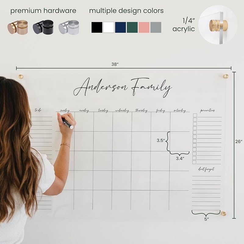 Personalized Clear Acrylic Calendar for Wall, Calendar Whiteboard for Wall, Dry Erase Wall Calendar, Wall Calendar Organizer System for Home (Cursive, Jade, 38"W x 26"H)