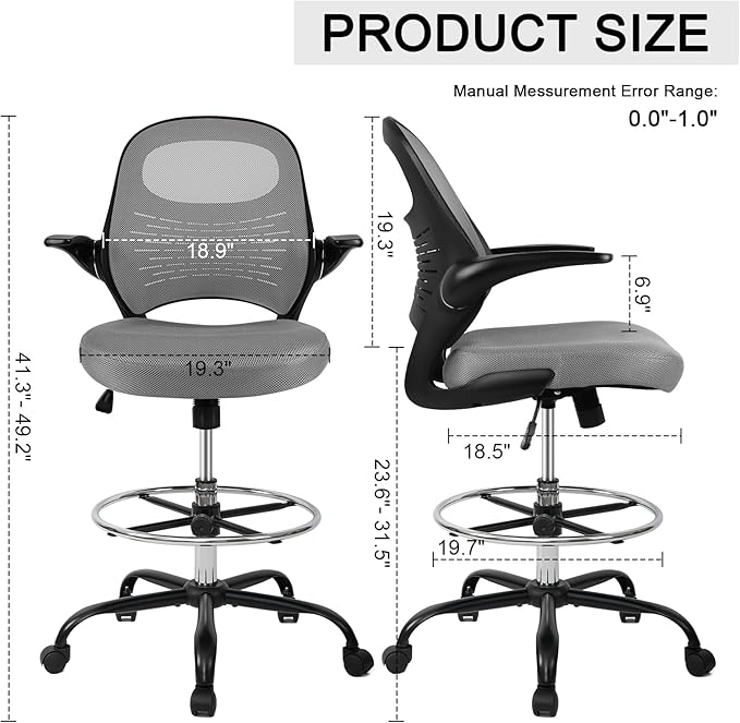 HYLONE Tall Drafting Chair Standing Desk Chair with Flip-Up Armrests, Adjustable Height Ergonomic Office Chair with Footrest Ring - High Stool Chair for Standing Desk(Grey)