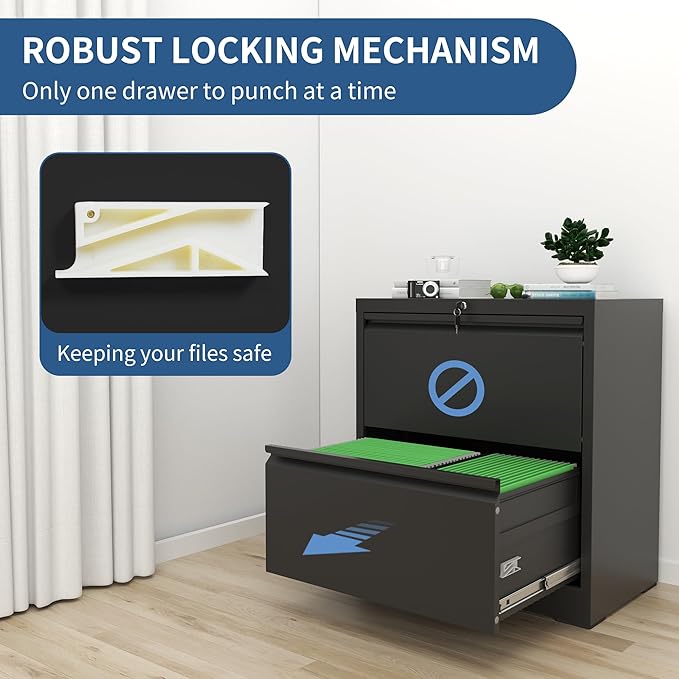 2 Drawer File Cabinet with Lock, Black Metal Lateral Filing Cabinets for Home Office, Heavy Duty Steel Horizontal Locking Storage Cabinet for Legal/Letter/A4 Size File, Assembly Require